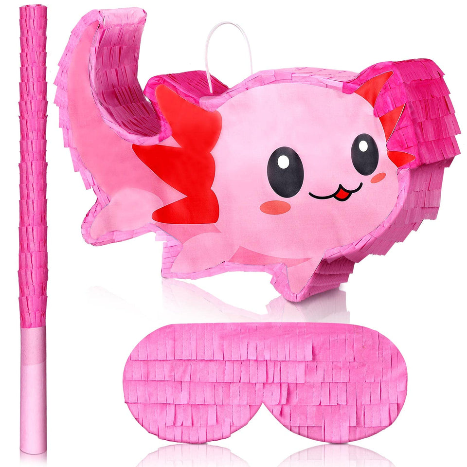 Sratte pink axolotl pinata front view for festive party decor.