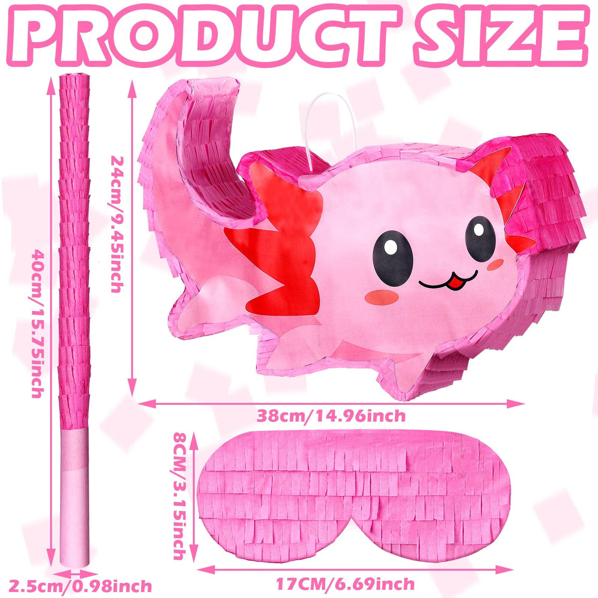 Sratte pink axolotl pinata in a birthday party setup.