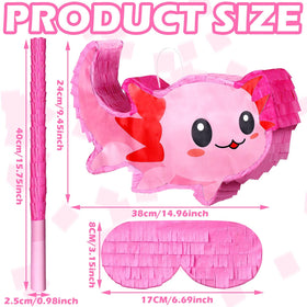 Sratte pink axolotl pinata in a birthday party setup.
