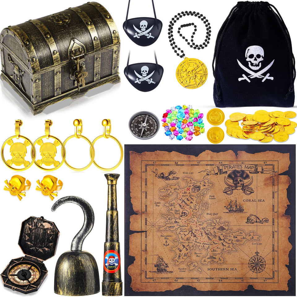 Sratte pirate treasure box prop for immersive treasure hunts at parties.