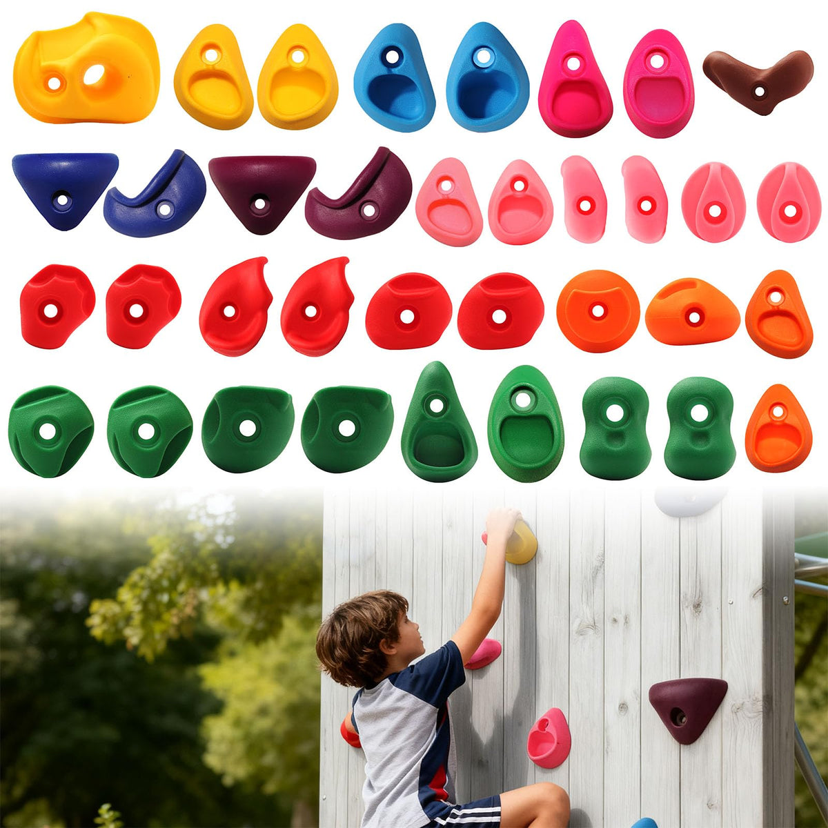 SREHRLY 36-pcs rock climbing holds for kids in a row, easy grip and play potential