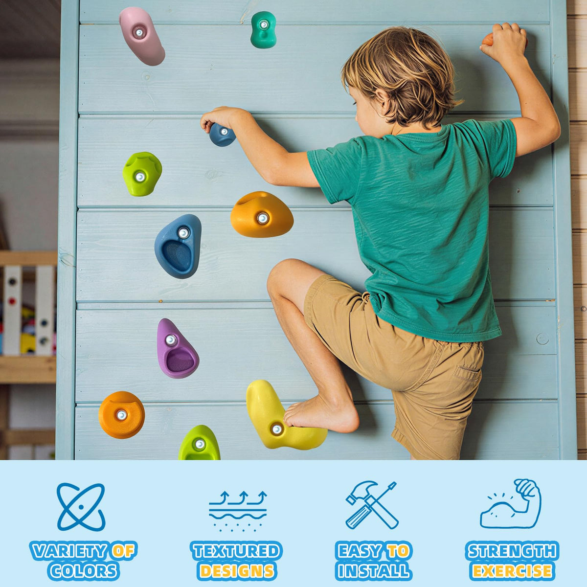 SREHRLY indoor-outdoor holds enable versatile climbing spaces.