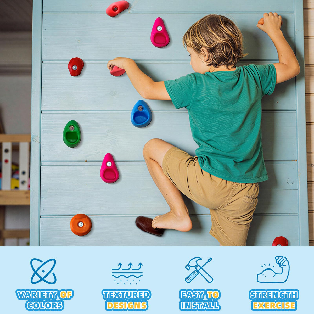 Indoor/outdoor SREHRLY rock wall holds kit mounted on a board