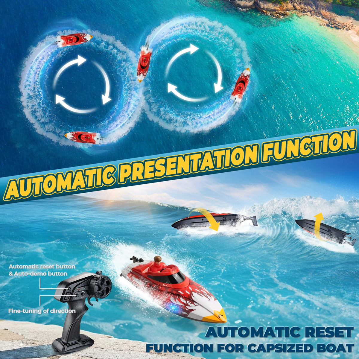 SRGBND RC boat with LED lights for night visibility and navigation