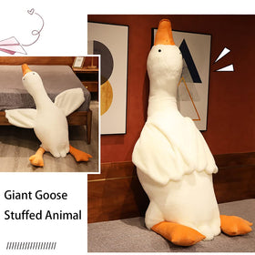 Srutirbo 63-inch goose plush shown on bed for cozy sleeping support.