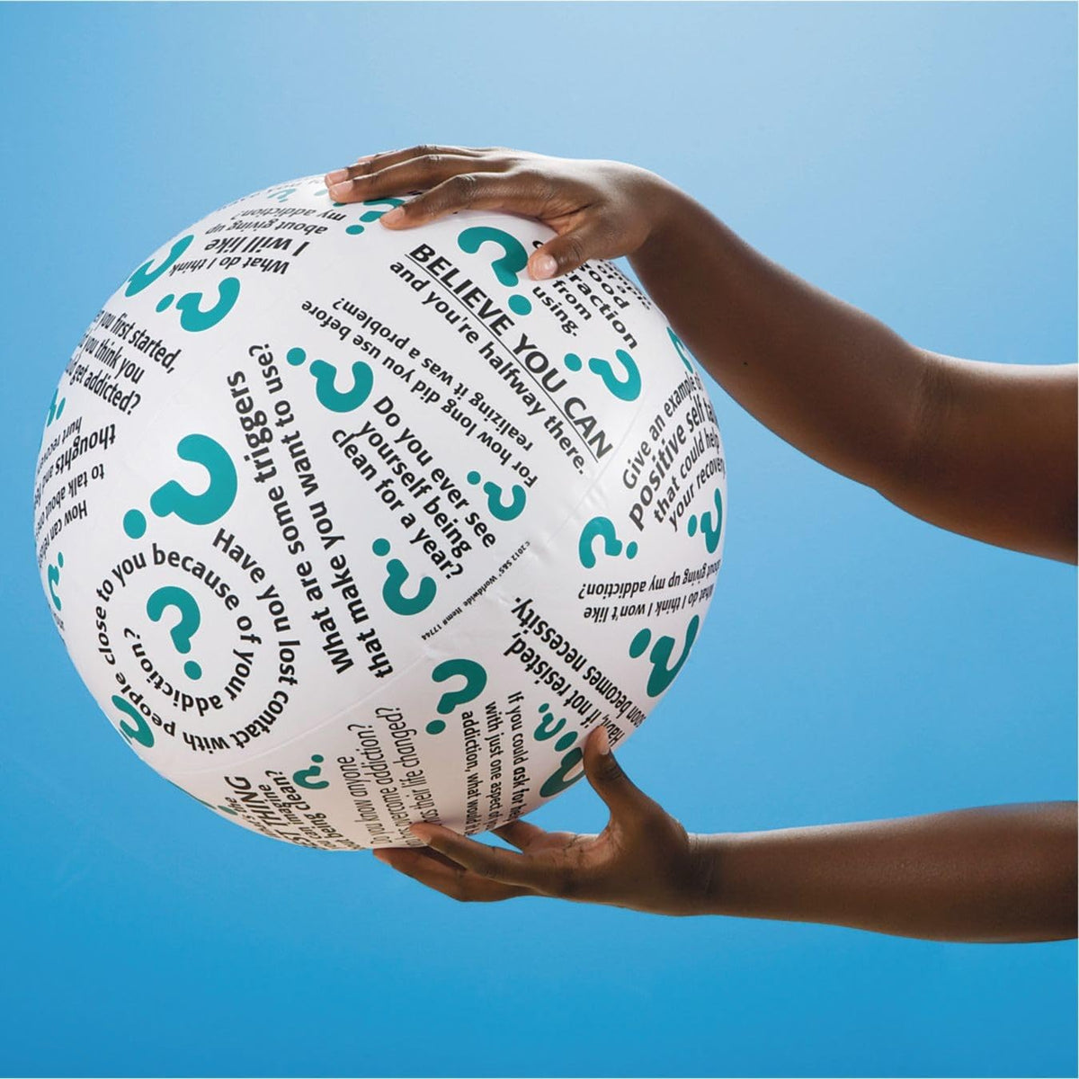 S&S Worldwide Toss 'n Talk-About Addiction Ball showing prompts and quotes for engaging conversations.