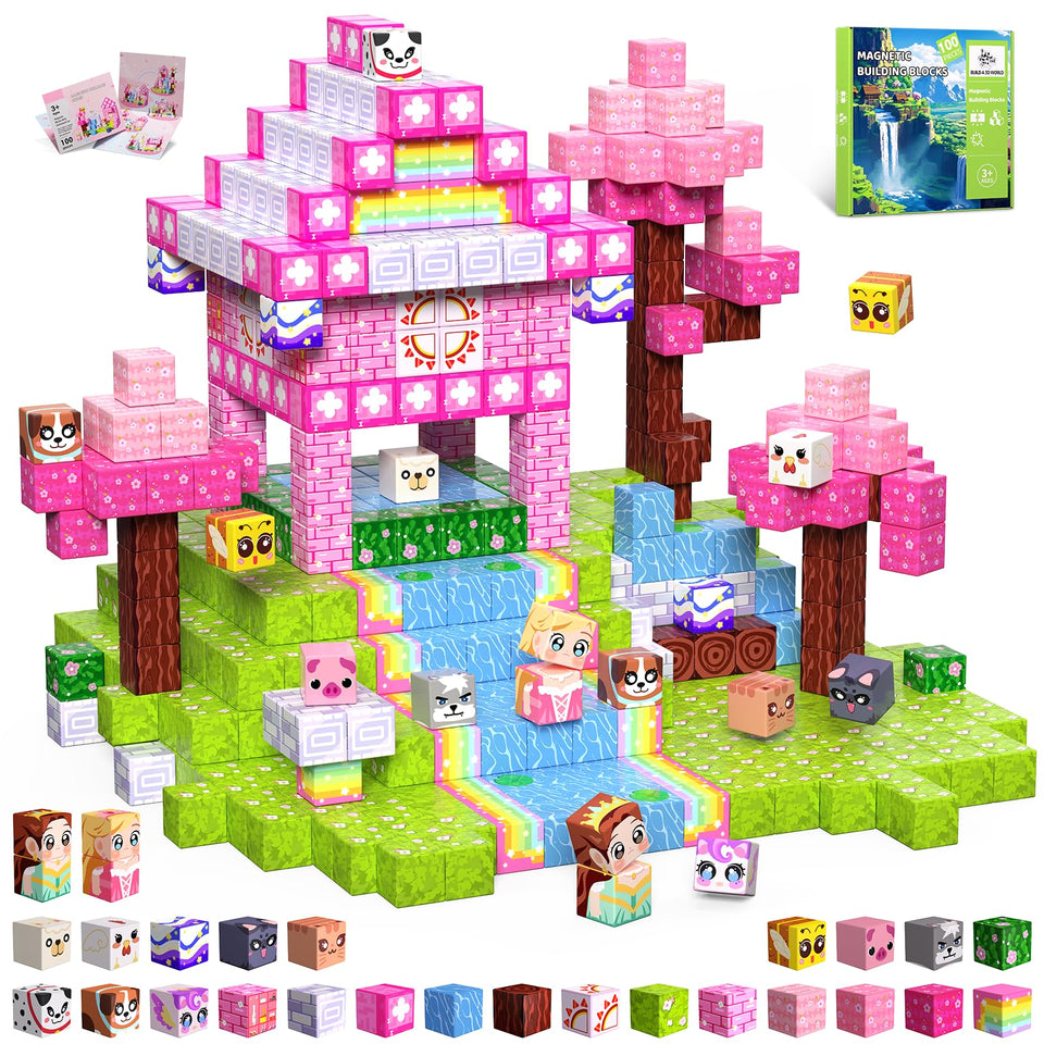 SSAWER Magnetic Blocks 100pcs pack showing interlocking pieces for creative STEM play.