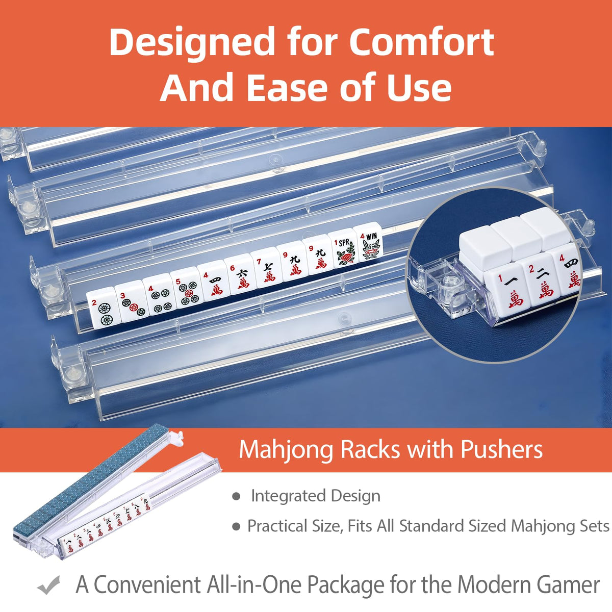 Clear acrylic mahjong rack with pushers for durable display