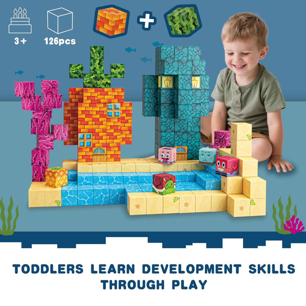 SSKIDSTOYS kids building structures with magnets encourages spatial reasoning and cooperative play.