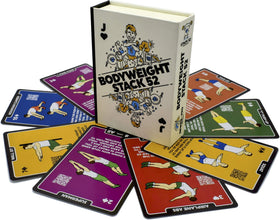 Stack 52 bodyweight cards front showing diverse exercises for quick home workouts.