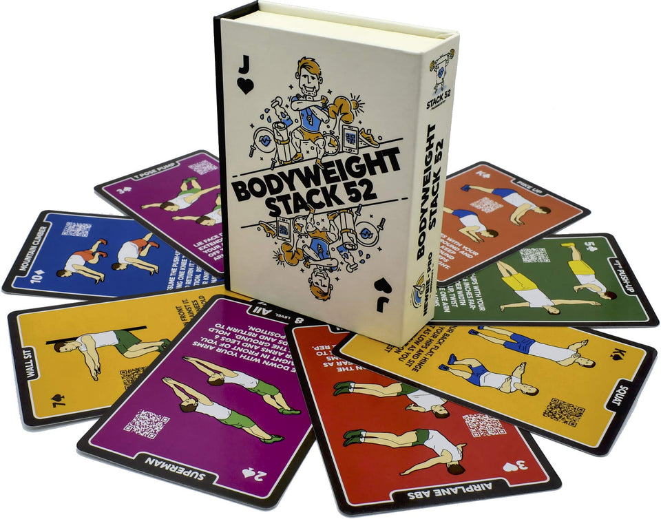 Stack 52 bodyweight cards front showing diverse exercises for quick home workouts.
