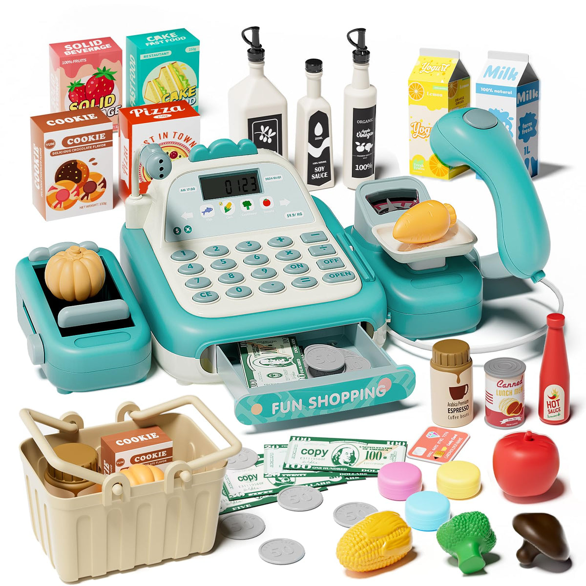 STACTCUTE 49-piece cash register toy with conveyor belt for immersive pretend shopping.