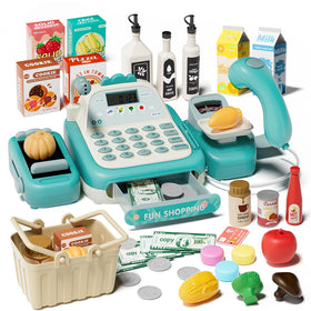 STACTCUTE 49-piece cash register toy with conveyor belt for immersive pretend shopping.