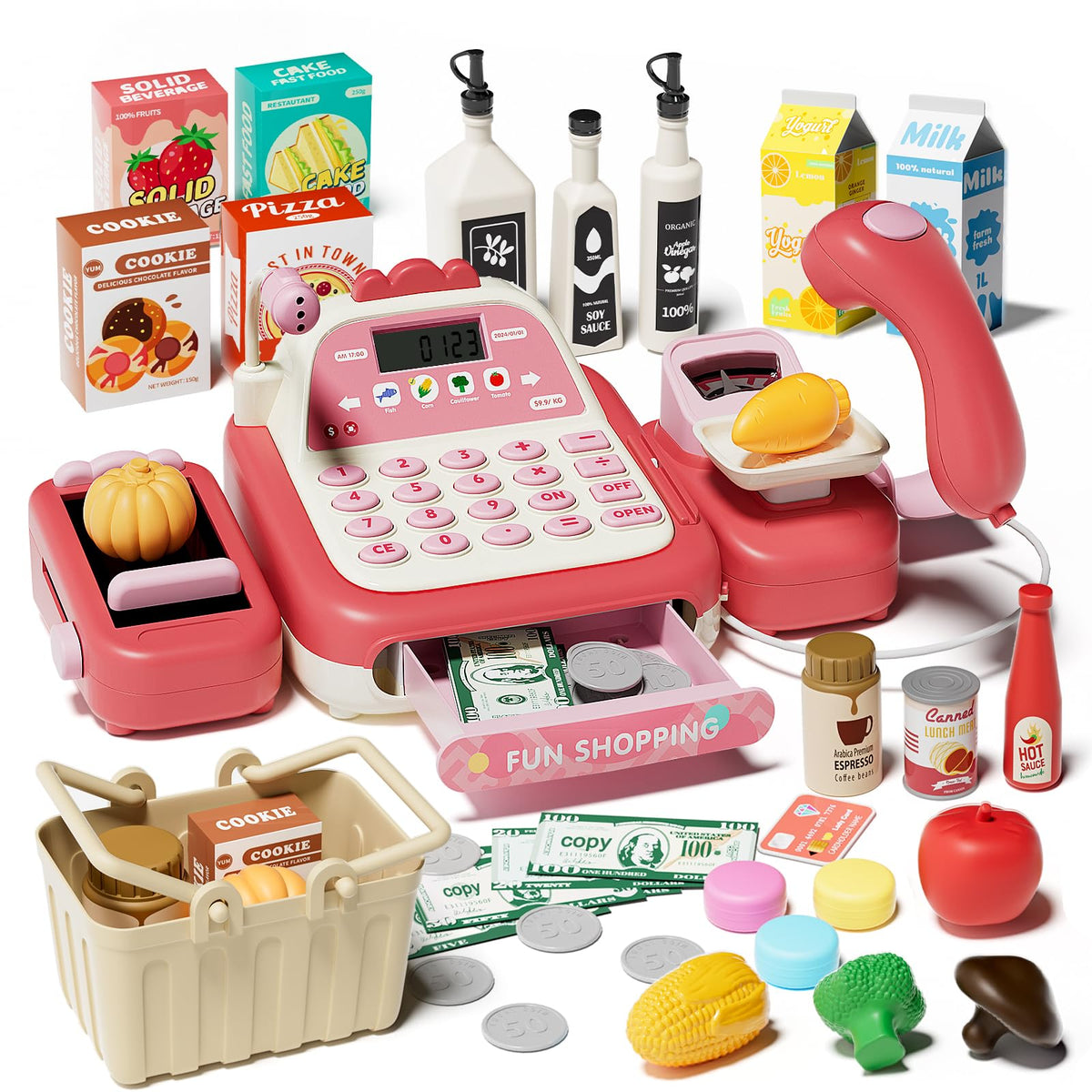 STACTCUTE 49Pcs cash register toy with working calculator for math and pretend shopping.