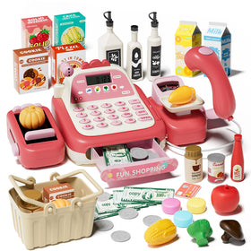 STACTCUTE 49Pcs cash register toy with working calculator for math and pretend shopping.