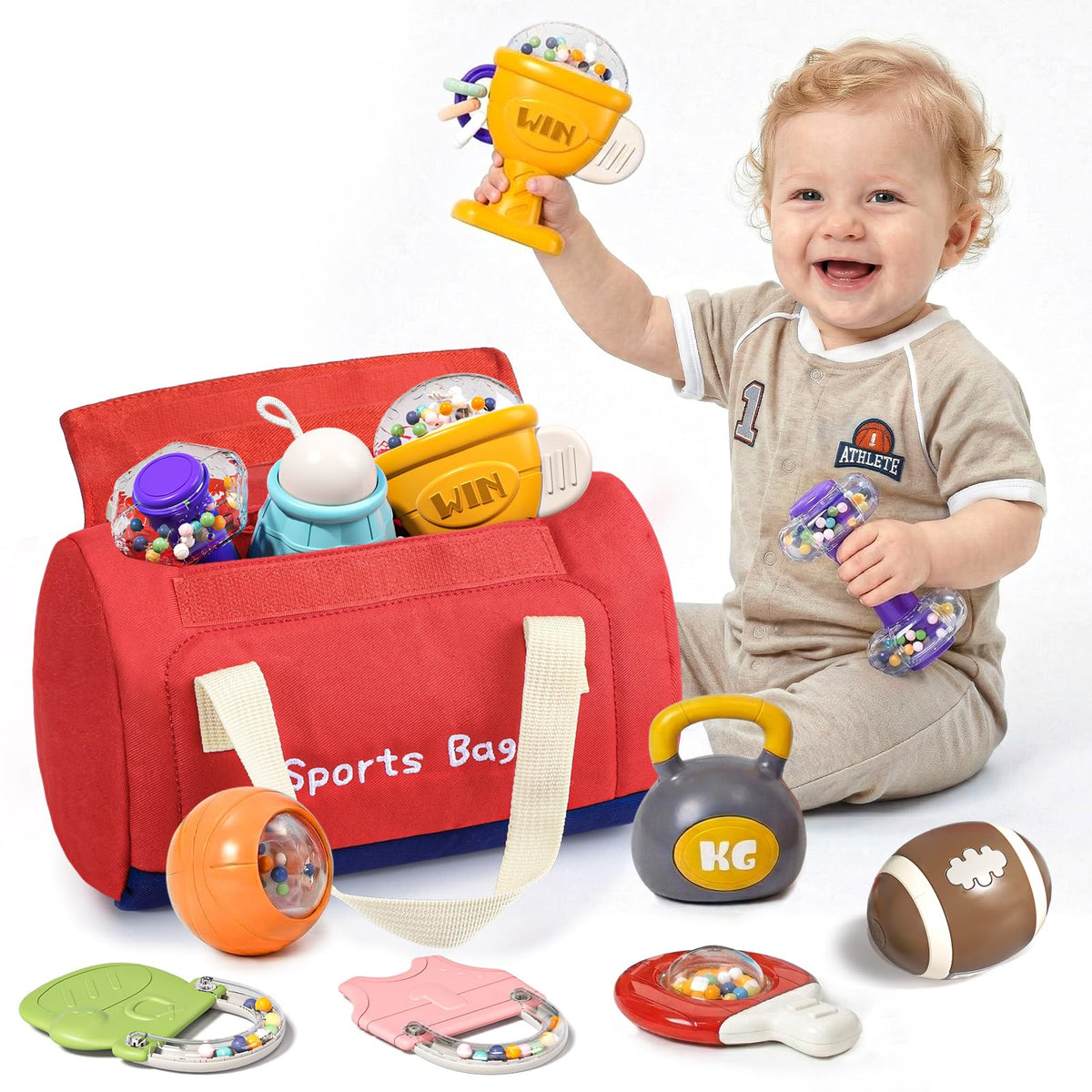 STACTCUTE dumbbell rattle for tiny hands and early grip development.