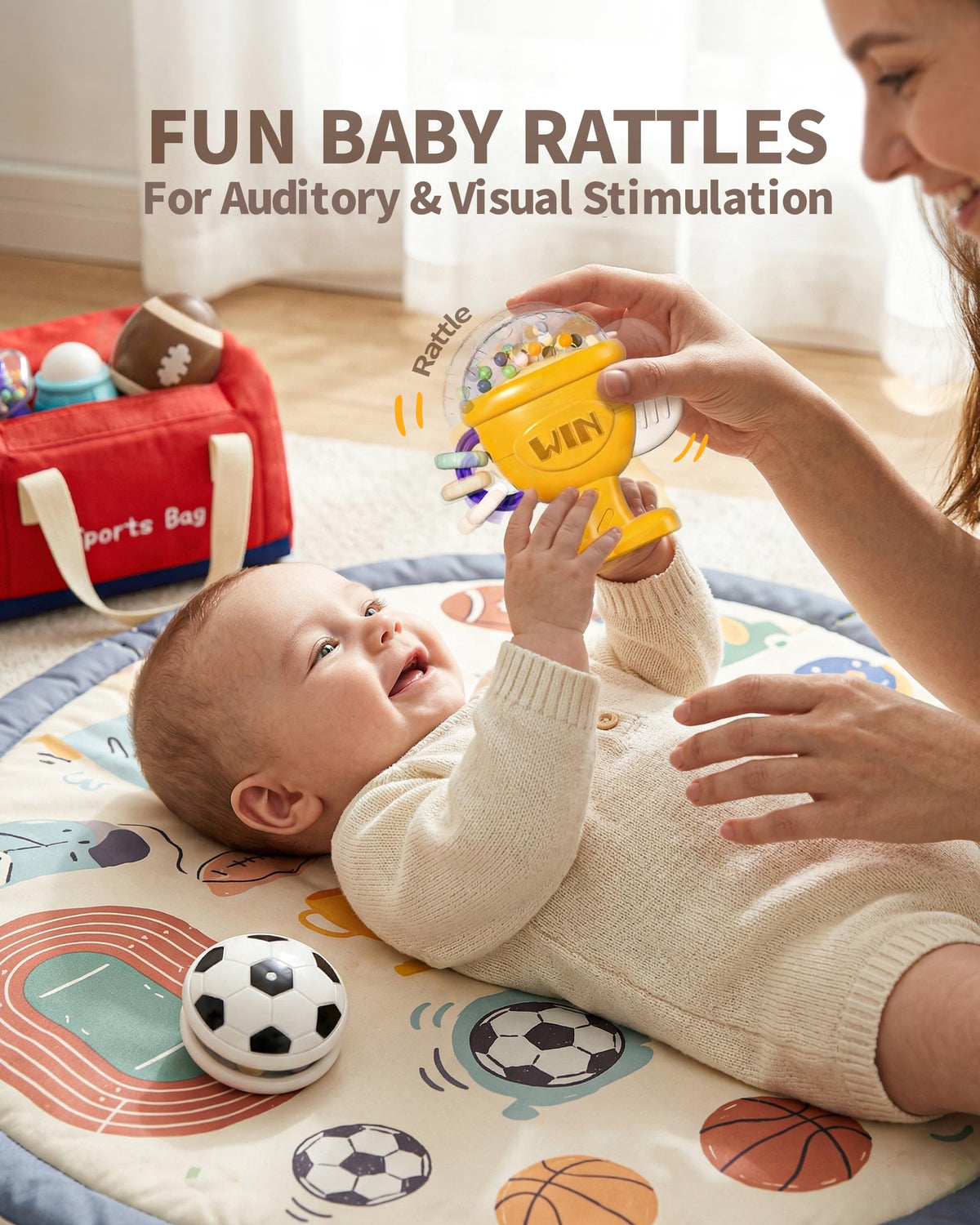 STACTCUTE red sports bag keeps baby gym toys organized for travel.