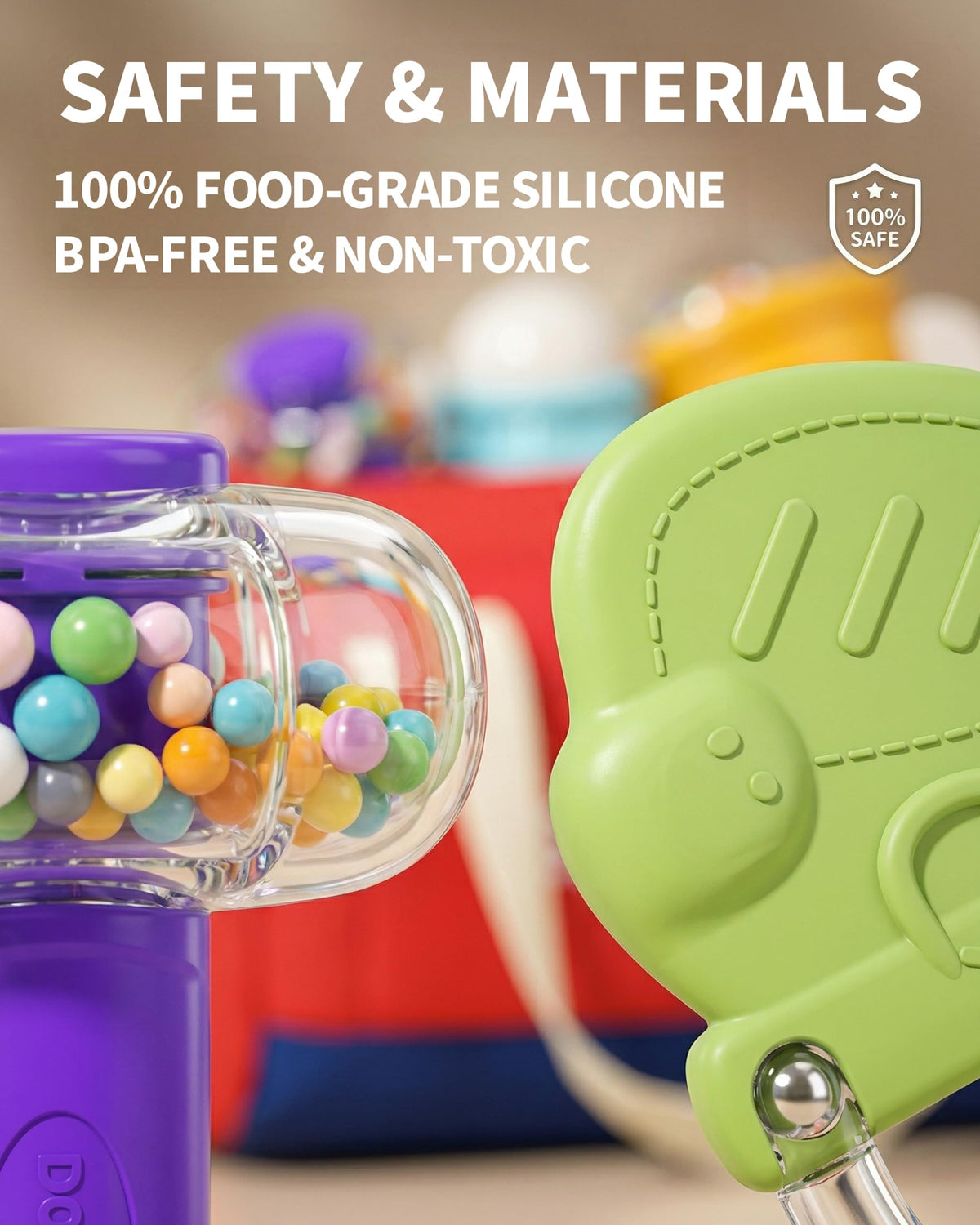 STACTCUTE color bead rattle for visual and auditory stimulation.