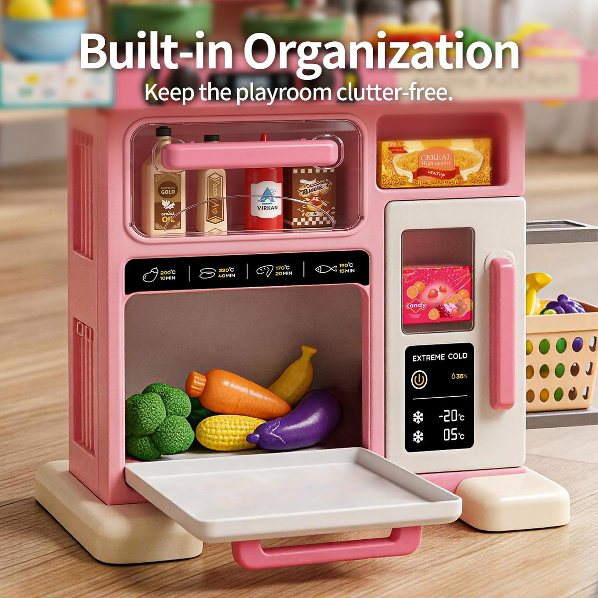 STACTCUTE large storage including fridge and oven helps keep play area organized.