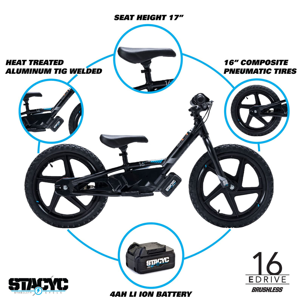 STACYC 16eDRIVE battery and motor area highlights quick battery disconnect for easy swaps.