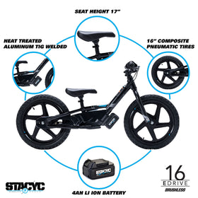 STACYC 16eDRIVE battery and motor area highlights quick battery disconnect for easy swaps.