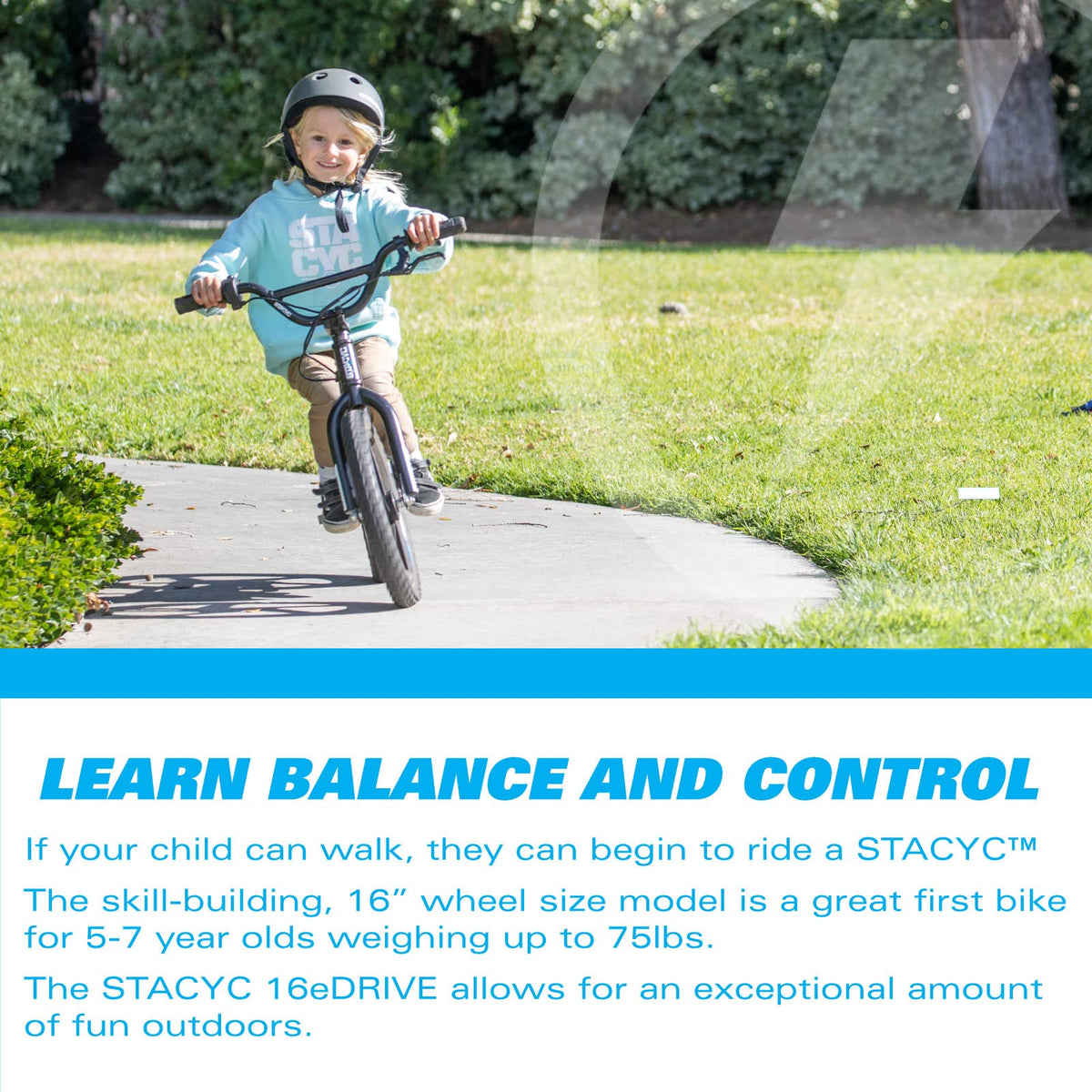 STACYC 16eDRIVE brake system and coasting assist for safe progression.