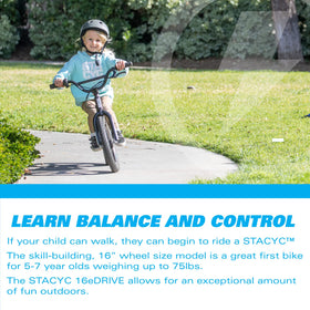STACYC 16eDRIVE brake system and coasting assist for safe progression.