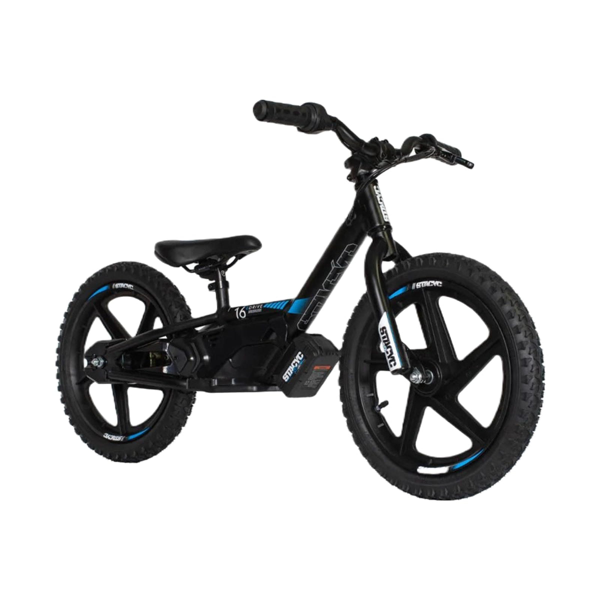 STACYC 16eDRIVE front view shows a kid-friendly balance bike for ages 5-7.