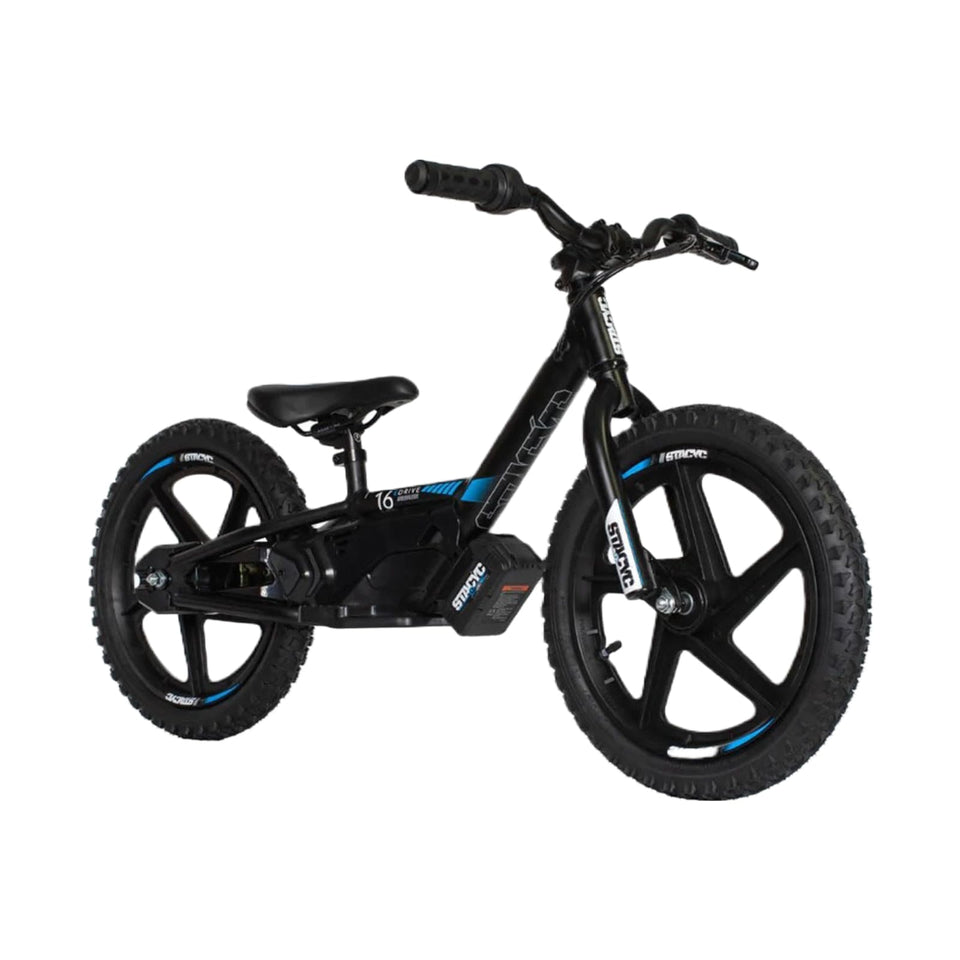 STACYC 16eDRIVE front view shows a kid-friendly balance bike for ages 5-7.