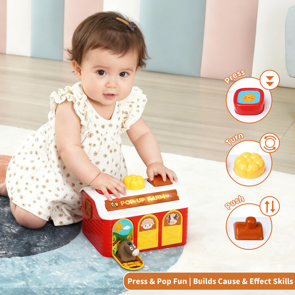 STAPAW pop-up toy in learning mode showing animal names and sounds for vocabulary.