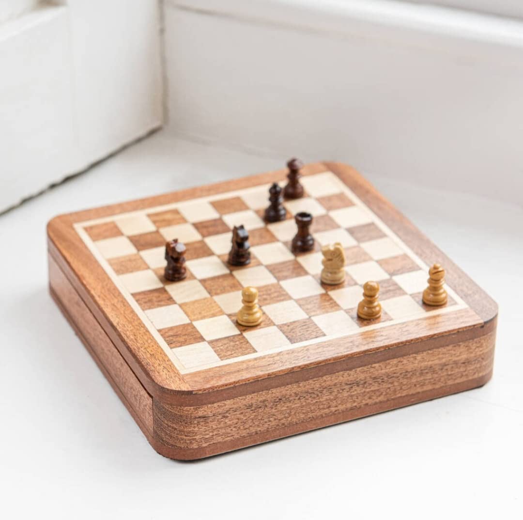 Star International magnetic chess set showing drawer storage for neat packing
