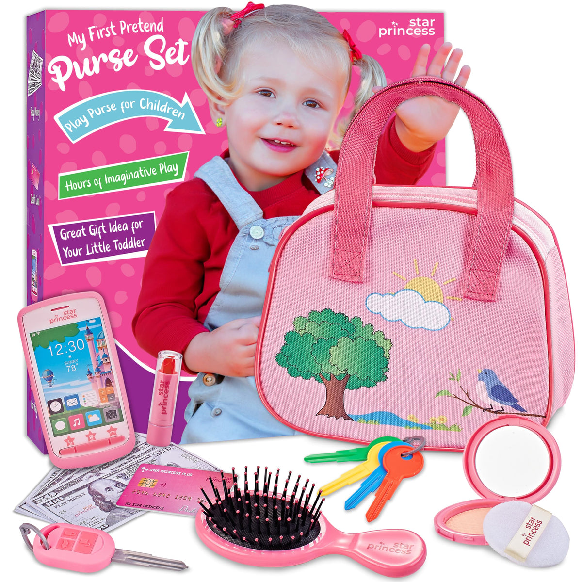 Star Princess hairbrush included with playful purse for grooming-themed play