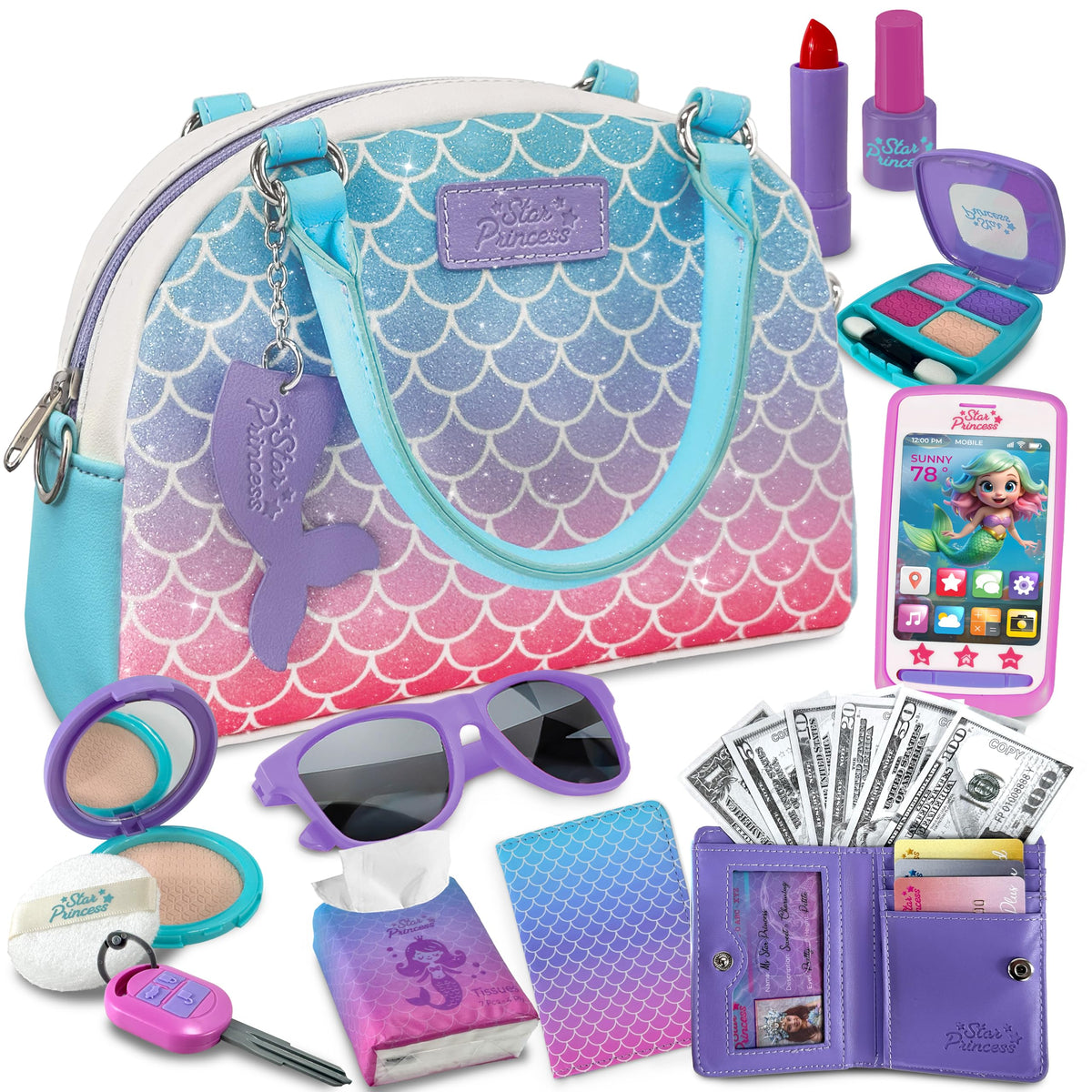 Star Princess mermaid purse shimmering scales for imaginative dress-up play.