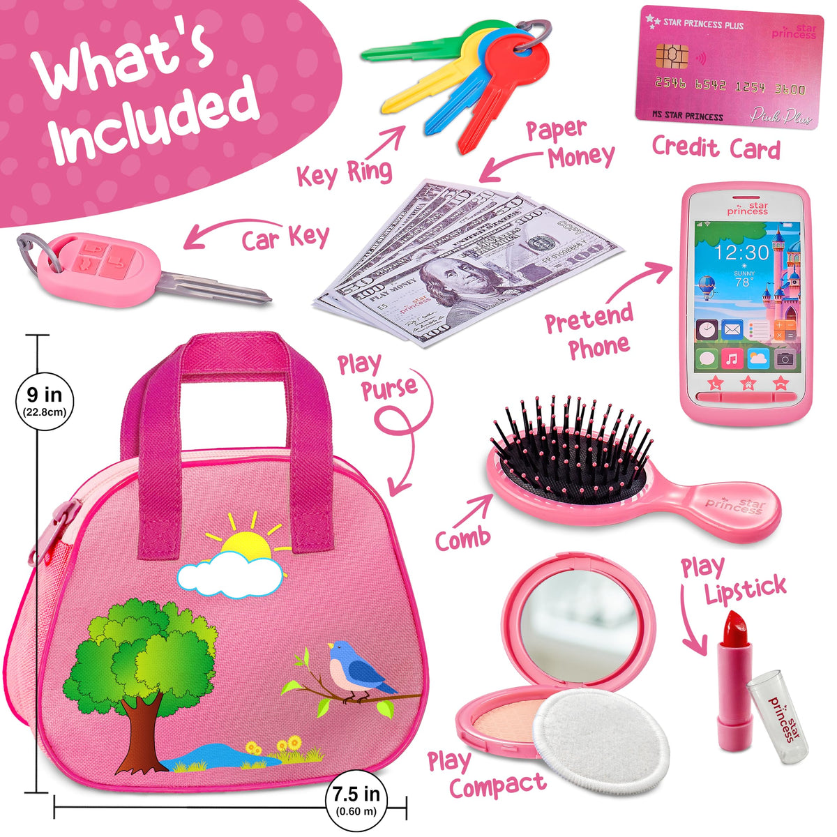 Star Princess purse contents highlight keys, wallet, and pretend phone for role-play