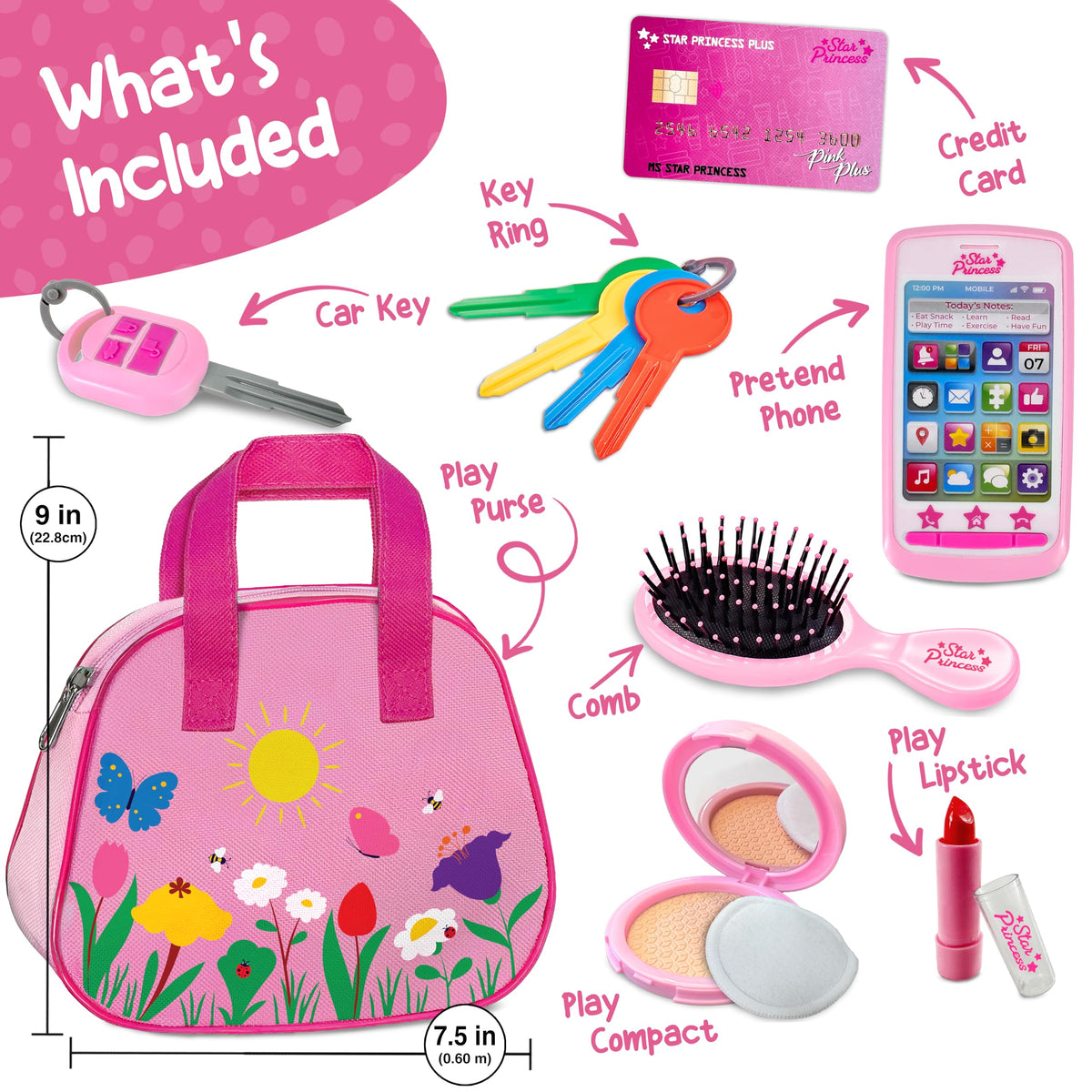 Star Princess Purse pretend makeup set provides mess-free dress-up fun for toddlers.