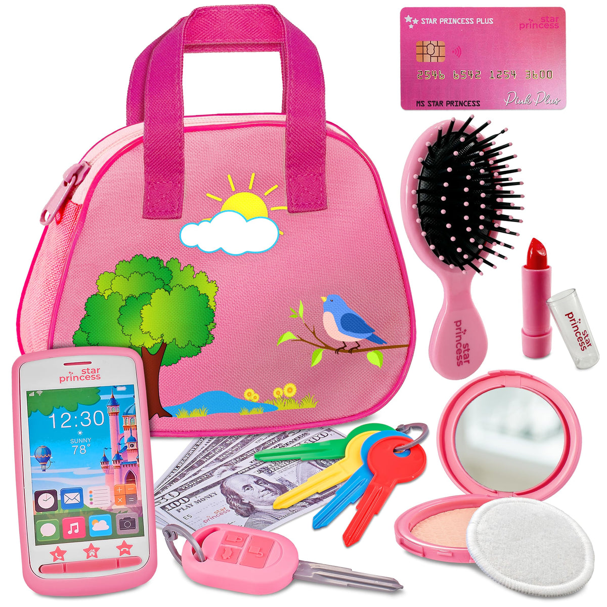 Star Princess toddler purse front view with complete dress-up set for imaginative play