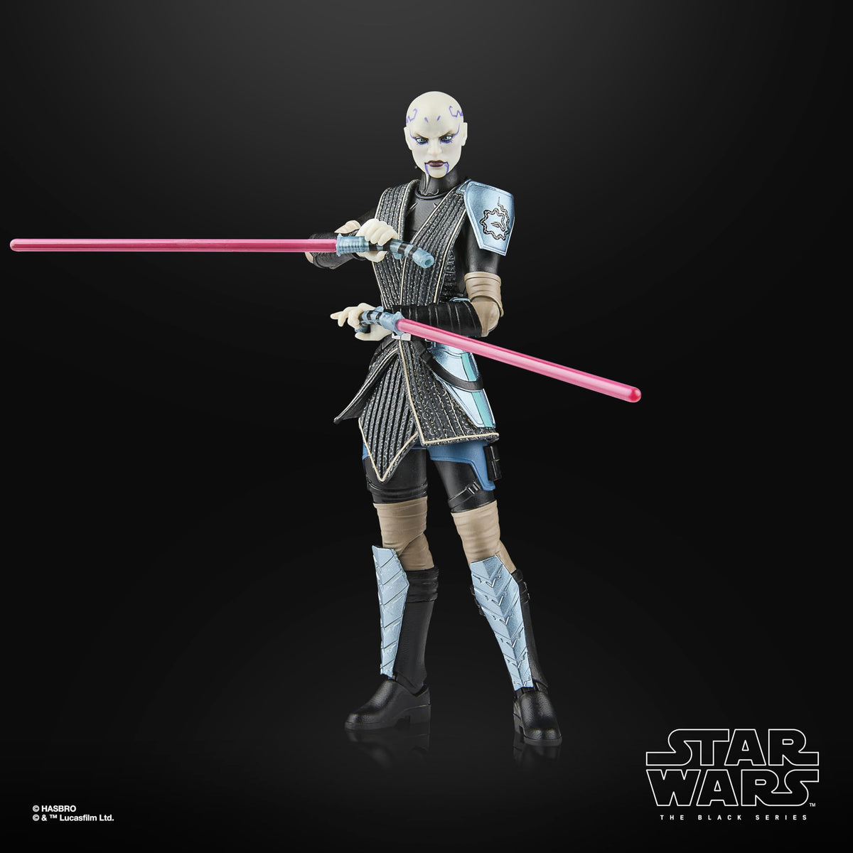 STAR WARS The Black Series Asajj Ventress display-ready setup on a shelf.