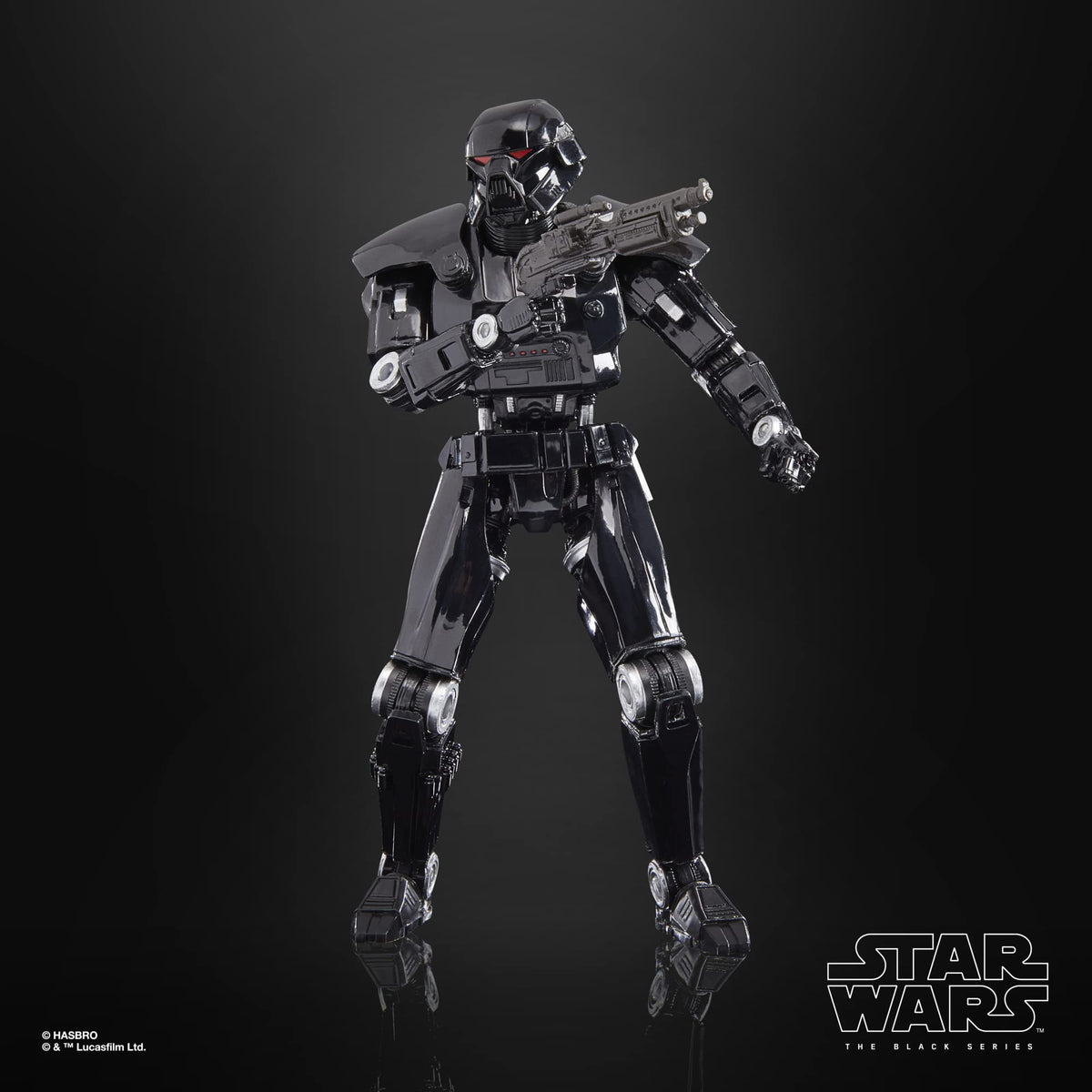 STAR WARS Black Series Dark Trooper premium deco enhances shelf presence.