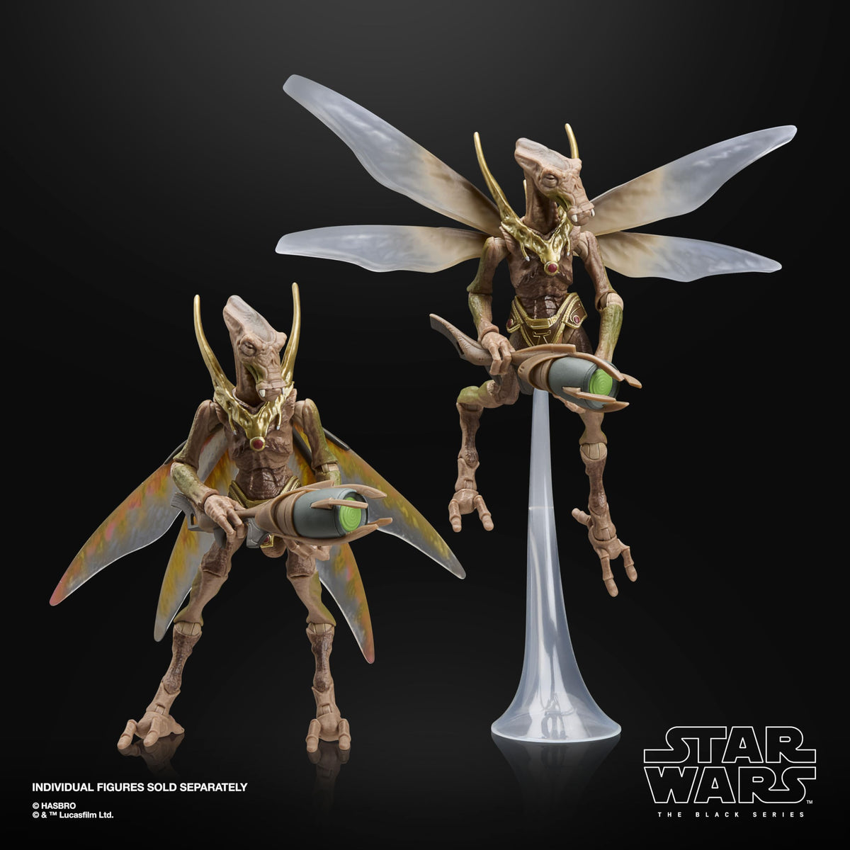 Figure on stand enhances flight and battle poses.