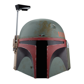 STAR WARS Boba Fett Re-Armored helmet front view with premium deco for display.