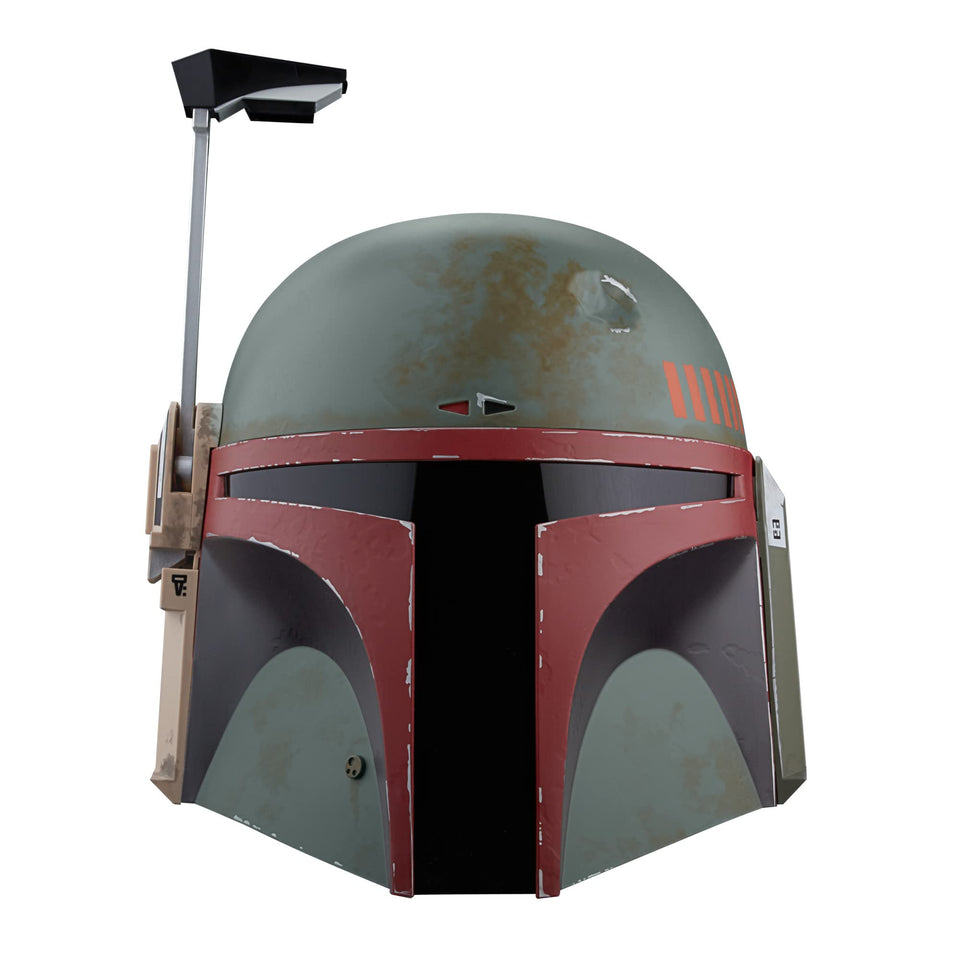 STAR WARS Boba Fett Re-Armored helmet front view with premium deco for display.