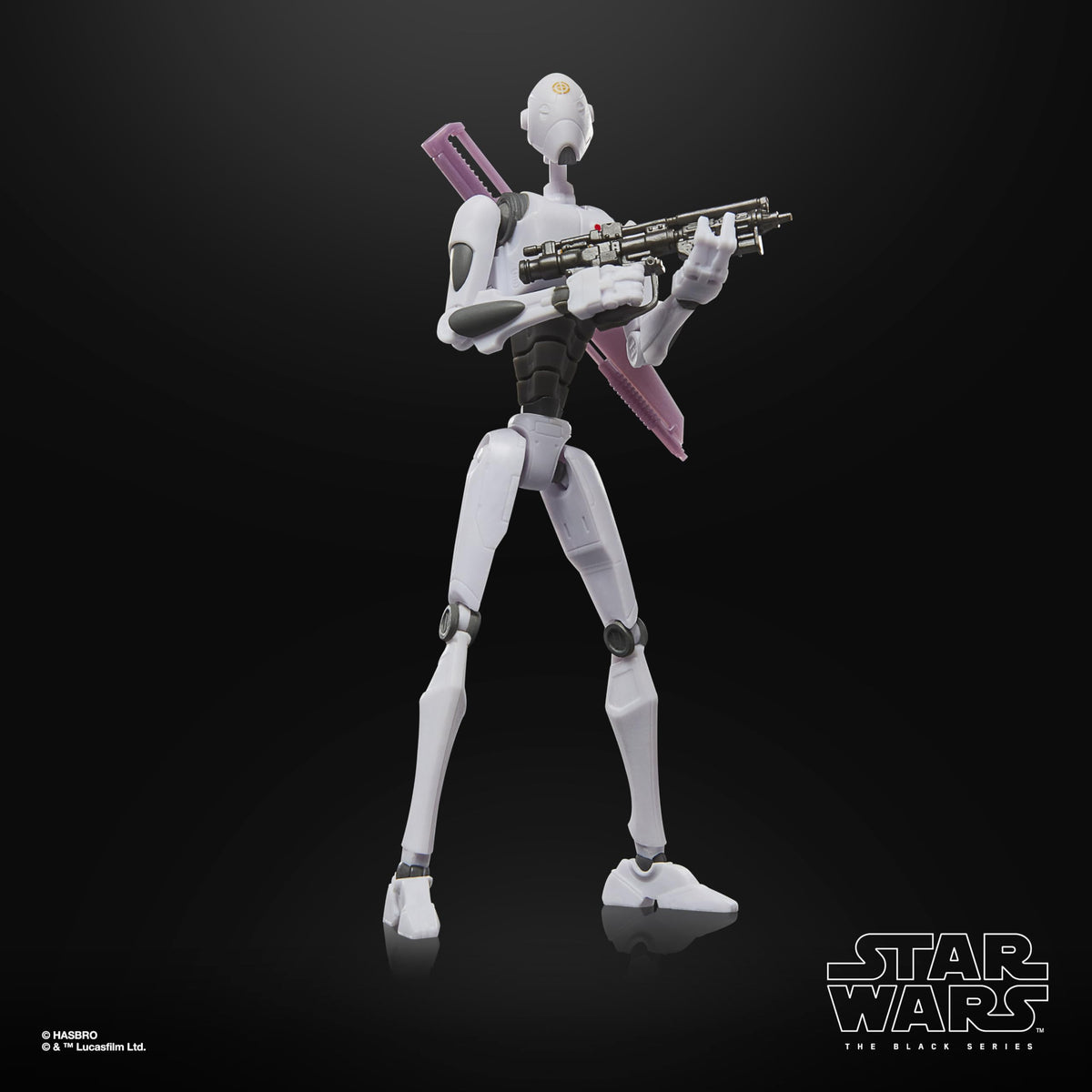 Star Wars Commando Droid blaster accessory included for action-ready display.