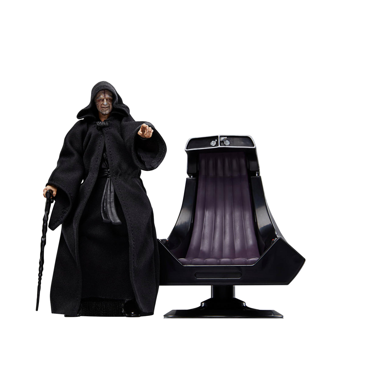 Star Wars The Black Series Emperor Palpatine on throne figure in a display-ready pose.