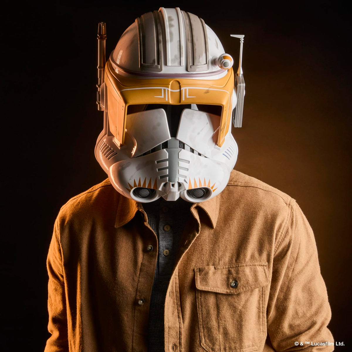 STAR WARS The Black Series Clone Commander Cody helmet on stand for display.