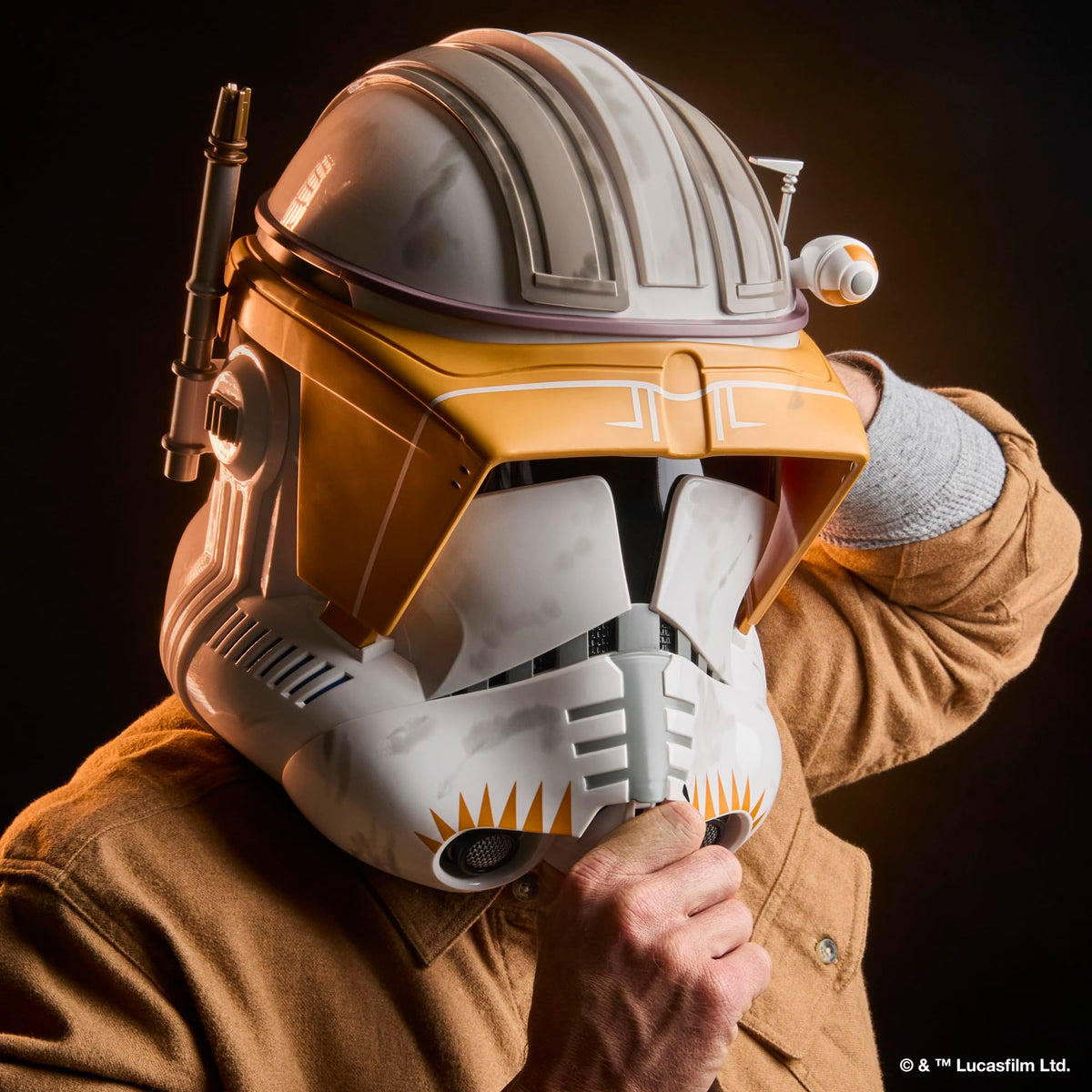 STAR WARS The Black Series Clone Commander Cody helmet voice change button showcases interactive feature.