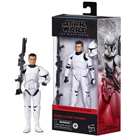 STAR WARS The Black Series Phase I Clone Trooper ideal for shelf display.
