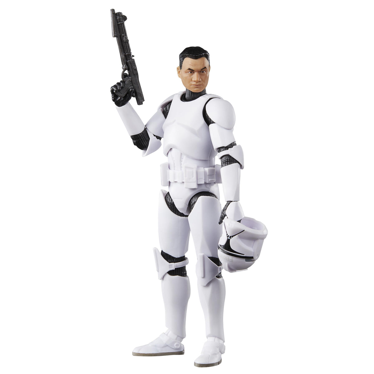 STAR WARS The Black Series Phase I Clone Trooper with removable helmet for display.