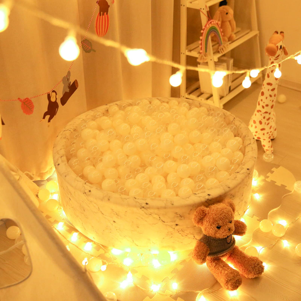 Beige ball pit setup creating cheerful play area