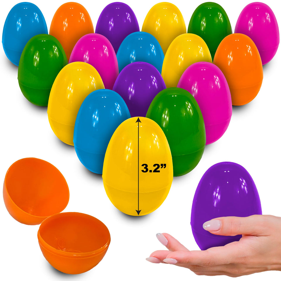 Stargo 50-pack empty Easter eggs showing 3.2-inch size for filling and hiding.