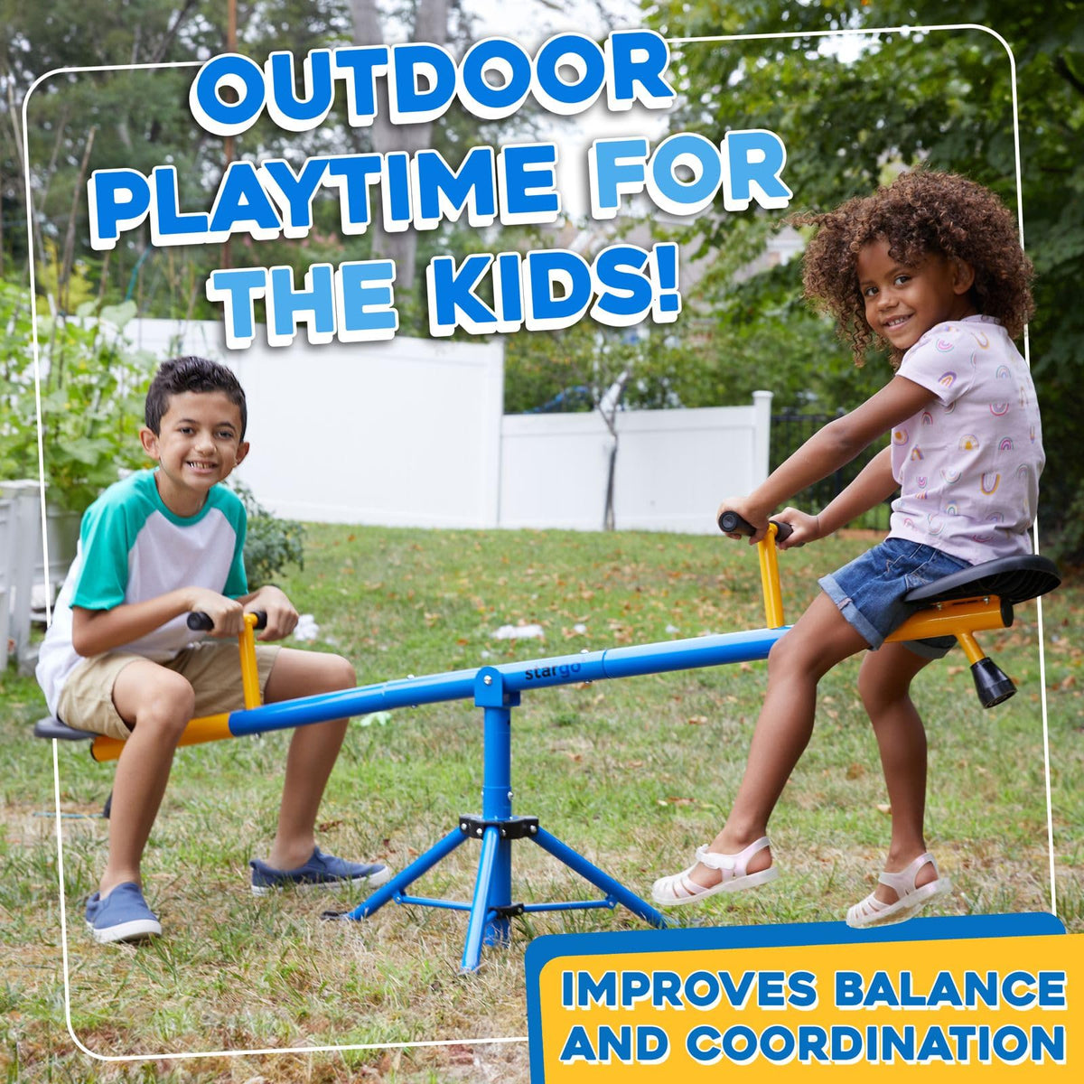 Stargo expandable-dimensions teeter totter shows adjustable height and length for growing children.